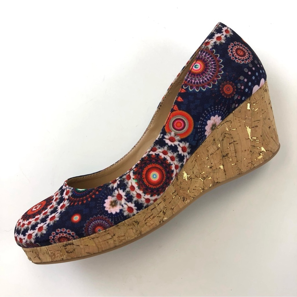 Desigual Mary graphic floral canvas cork wedge heel Size 8